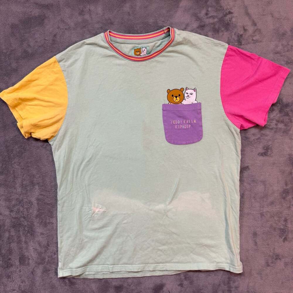 Large Teddy Fresh x Ripndip T-Shirt Size L Colorblock Pocket Tee